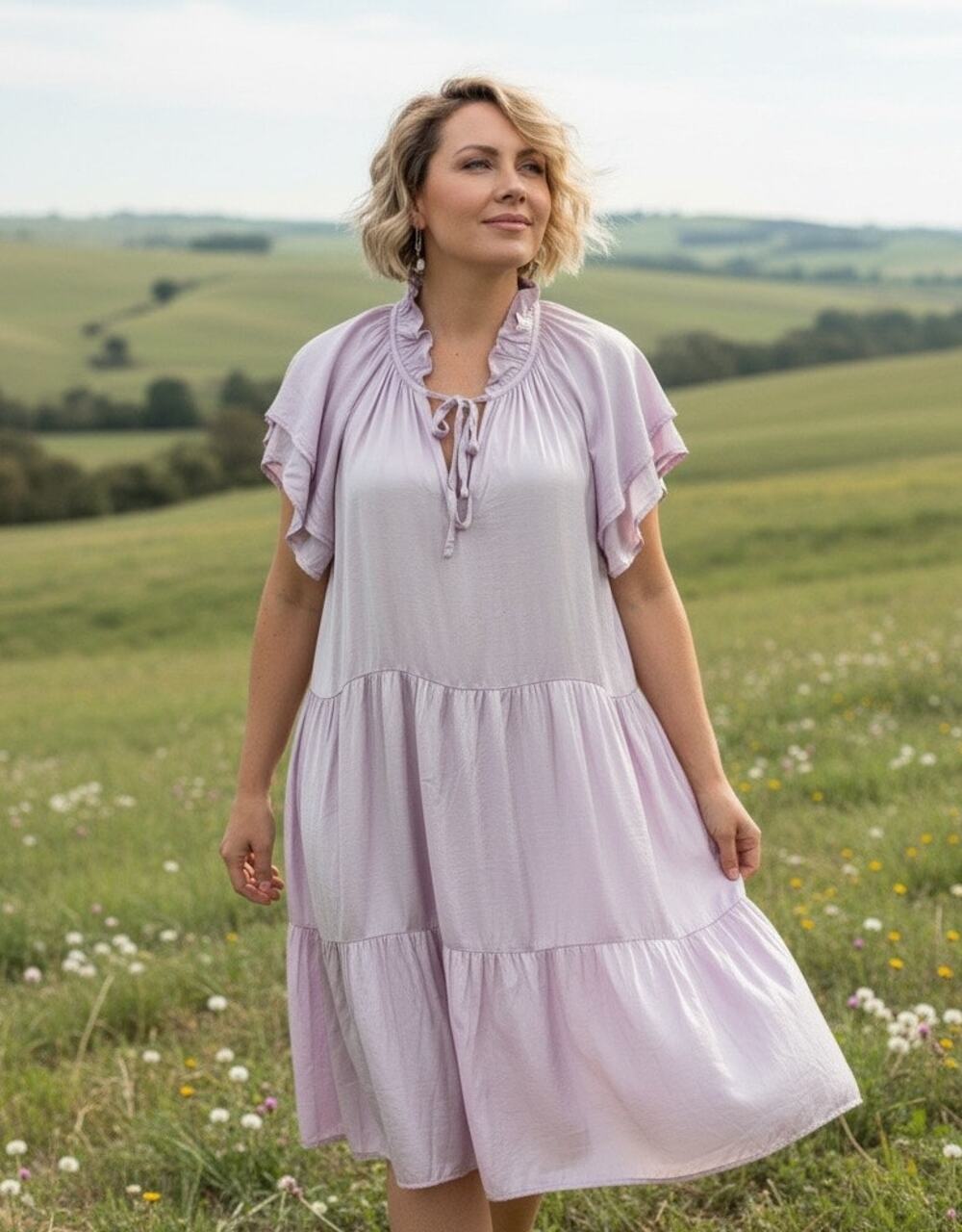 Sofia Italian Ruffle Tunic Dress in Soft Lavender Satin